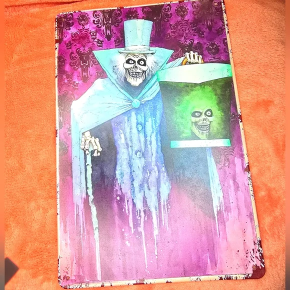 Haunted House Ghost & Head in Hat Box Tin Sign 12Hx8W - Picture 2 of 12